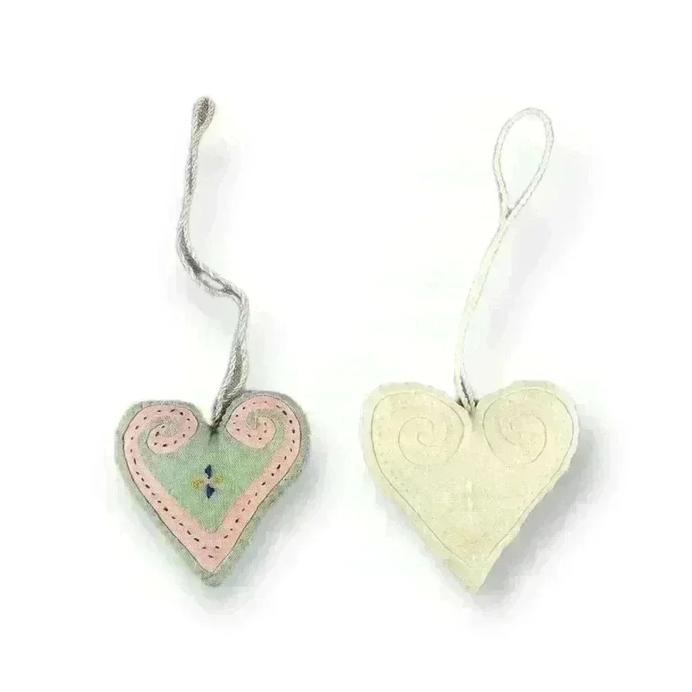 Stitched Fabric Off White & Green and Pink Heart Christmas Tree Ornaments (Pair) - Picture 2 of 6